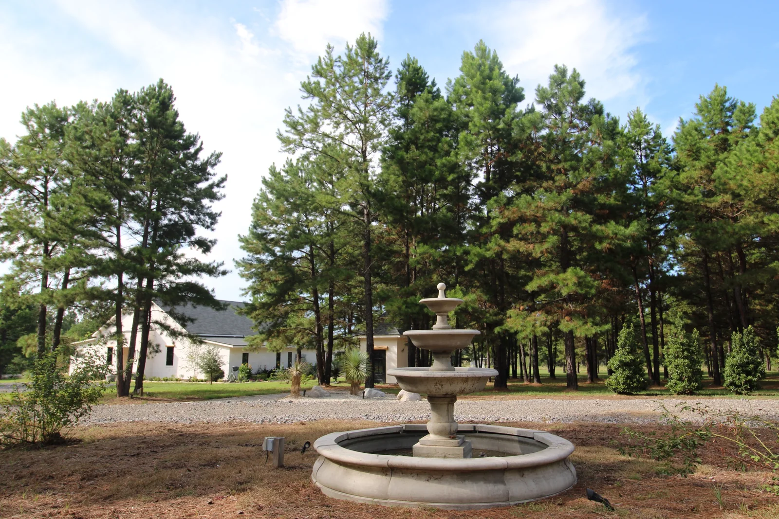 Tiered garden fountain set among gravel, pine trees, and landscaped grounds